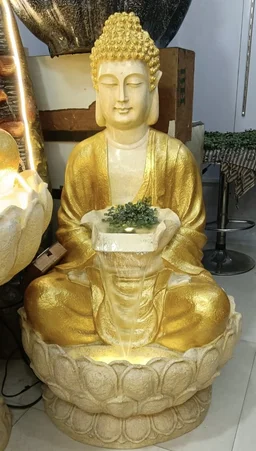 Water Fountain Fiber Buddha Water Fountain (Cream) with Light & Water Pump - 3Feet, Cream