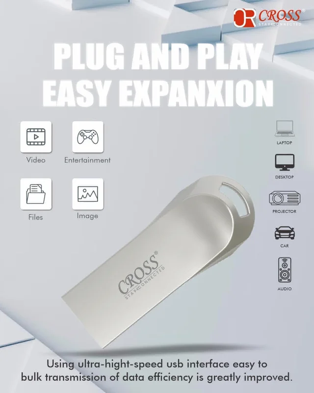 CROSS 3.0 USB Flash Drive/Pen Drive with Metal Body - Silver | External Storage Device 4GB 8GB 16GB 32GB 64GB 128GB Pen Drive | Compatible with Laptop, Desktop, Projector, Car, Audio 1yr Warranty - 32GB