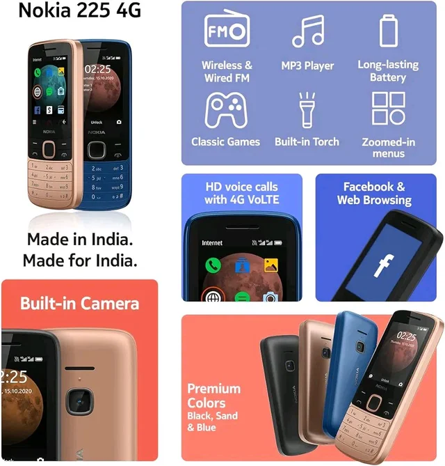 Nokia 225 4G Dual SIM Feature Phone with Long Battery Life, Camera, Multiplayer Games, and Premium Finish - Black