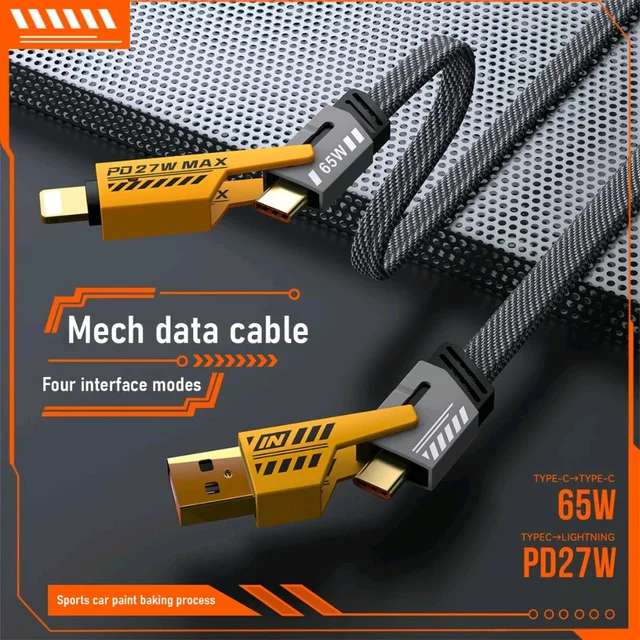4 in 1 Metal Flat Braided Indestructible Cable 3.3ft 65W compatible for iPhones, iPads, Macbooks, Samsung, OnePlus, Realme, Xiaomi, HTC and Oppo Mobiles, Type C Laptops Pack Of 2 Pc - Gray, 1.2Mtr