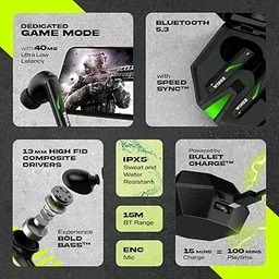 (Refurbished) Wings Phantom 850 Low Latency Wireless Earbuds, Bluetooth Headphones with App Support, Split Cover Gaming Case with LED Lights, 50 Hours Playtime,Quad ENC Mic, Touch Controls TWS Headsets - Black