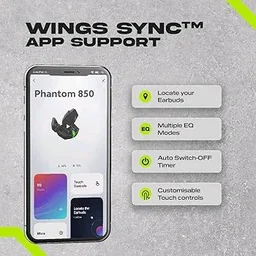 (Refurbished) Wings Phantom 850 Low Latency Wireless Earbuds, Bluetooth Headphones with App Support, Split Cover Gaming Case with LED Lights, 50 Hours Playtime,Quad ENC Mic, Touch Controls TWS Headsets - Black