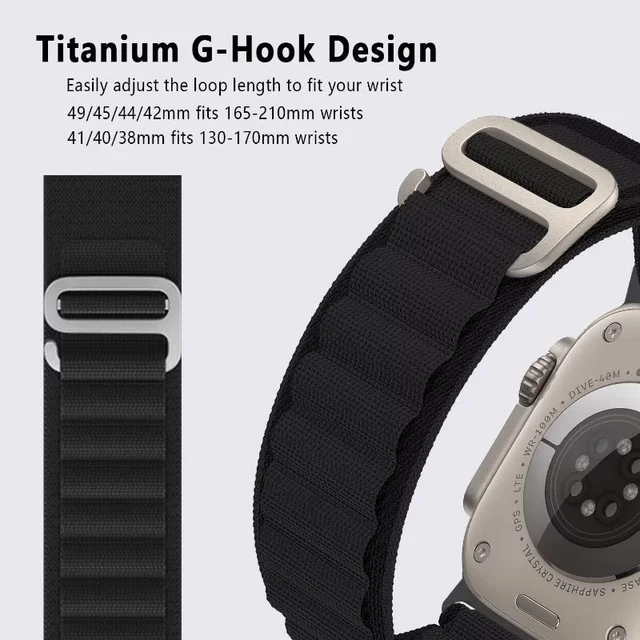 Alpine Loop Compatible with Apple Watch Strap 42mm 44mm 45mm 49mm, Textile Nylon Rugged with Titanium Metal G‑Hook Band Compatible for iWatch Band Series Ultra 8 7 6 5 4 3 2 1 SE ( Black)