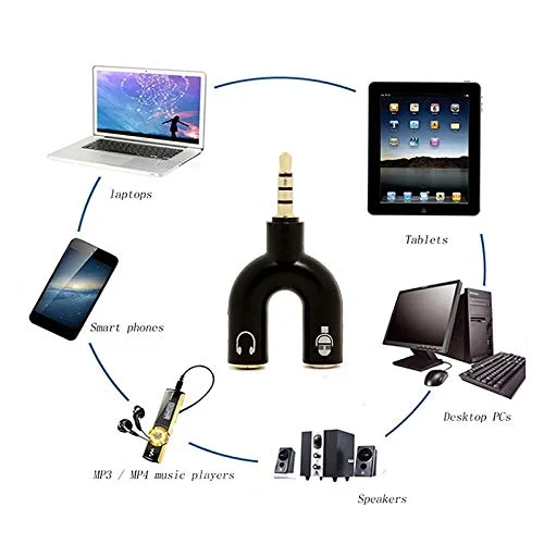 Black 3.5mm U Shape 3 Pin 1 Male to 2 Female EP Stereo Jack Audio Mic Splitter Headset Connector Adapter Compatible with All Mobile Device Phone Converter