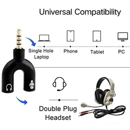 Black 3.5mm U Shape 3 Pin 1 Male to 2 Female EP Stereo Jack Audio Mic Splitter Headset Connector Adapter Compatible with All Mobile Device Phone Converter