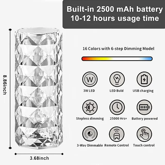 Crystal Touch Table Lamp LED Night Light, 16 Colors Rechargeable Line Diamond Table Lamp with Touch Control , USB Table Lamps, Romantic Lighting Decor for Bedroom (line Style)