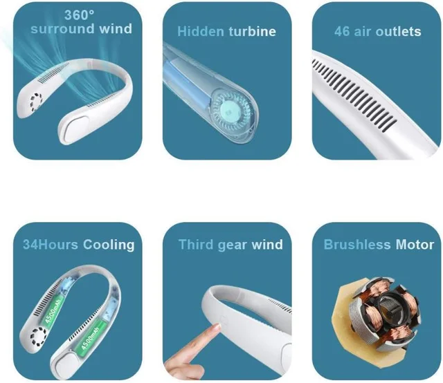 Portable Neck Fan, Personal Mini USB Bladeless Neck Fan 20Hrs Play 9000mah Handfree Neckband Hanging Fans, No Curly Hair Wearable Necklace for Camping Hiking Outdoor Travel