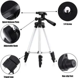 Tripod 3110 Stand with 3-Way Head Tripod 3110 with Mobile Phone Holder Mount Tripod Kit, (Silver, Supports Up to 1100 g)