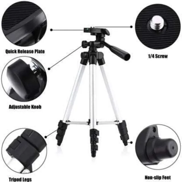 Tripod 3110 Stand with 3-Way Head Tripod 3110 with Mobile Phone Holder Mount Tripod Kit, (Silver, Supports Up to 1100 g)