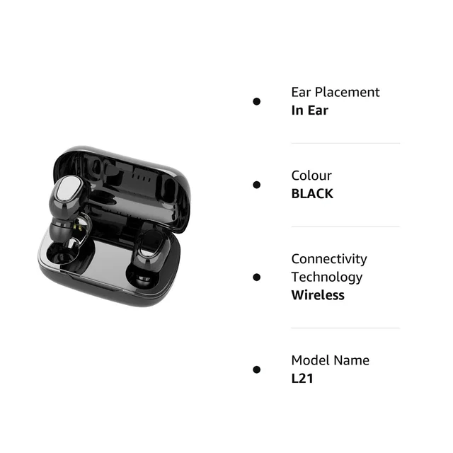 TWS L21 Wireless In Ear Earbuds 300mah Battery,Bluetooth 5.0,Easy Button Control,Total Playback One time 4 Hrs Play time,Attractive Design Black