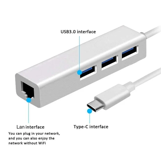 Type -C to 3-Port USB Hub + RJ45 Adapter - Type-C to Gigabit Ethernet LAN Network+3 USB Ports Converter for MacBook/Pro/iMac/ChromeBook/Pixel...