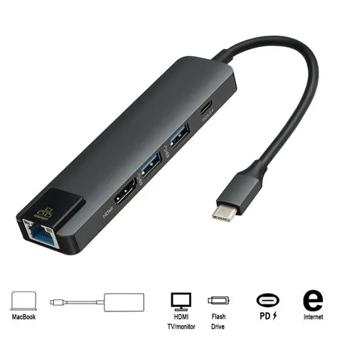 Type-C To HDMI 5 IN 1 Lan+Type-c+USB 3.0+HDMI - Gray