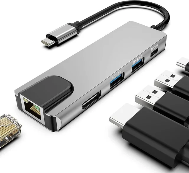 Type-C To HDMI 5 IN 1 Lan+Type-c+USB 3.0+HDMI - Gray