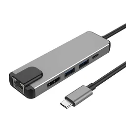 Type-C To HDMI 5 IN 1 Lan+Type-c+USB 3.0+HDMI - Gray