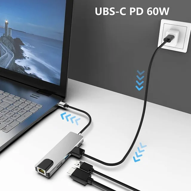 Type-C To HDMI 5 IN 1 Lan+Type-c+USB 3.0+HDMI - Gray