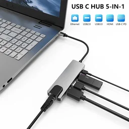 Type-C To HDMI 5 IN 1 Lan+Type-c+USB 3.0+HDMI - Gray