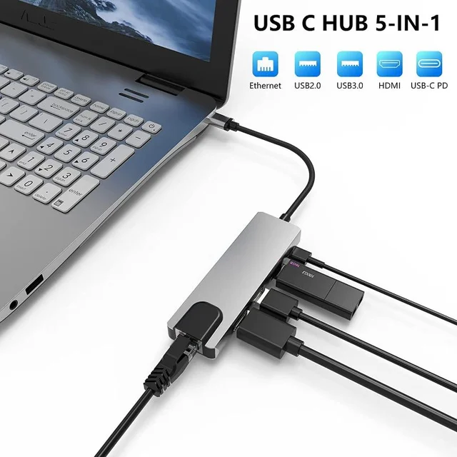 Type-C To HDMI 5 IN 1 Lan+Type-c+USB 3.0+HDMI - Gray