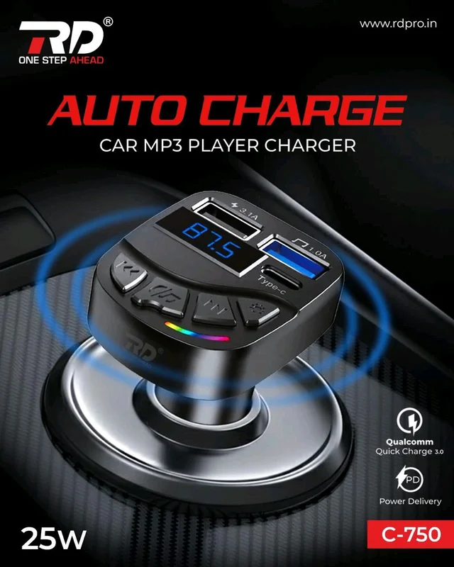 Rd C-750 25w  Auto Charge Car Mp 3 Player Charger ( 2 Usb + Type-c Plug + Display Screen + Multi Function Key )