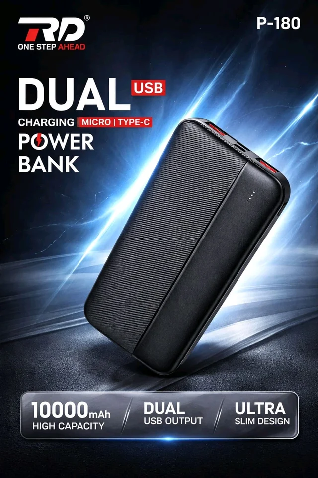 RD P-180 10000mAh Dual Usb Micro & Type-c Charging Power Bank 