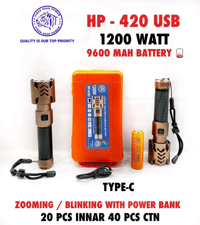 Tiger Head Power HP-420 High Power Zooming , Blinking (1200Wts , 9600Mah battery 🔋) Torch 