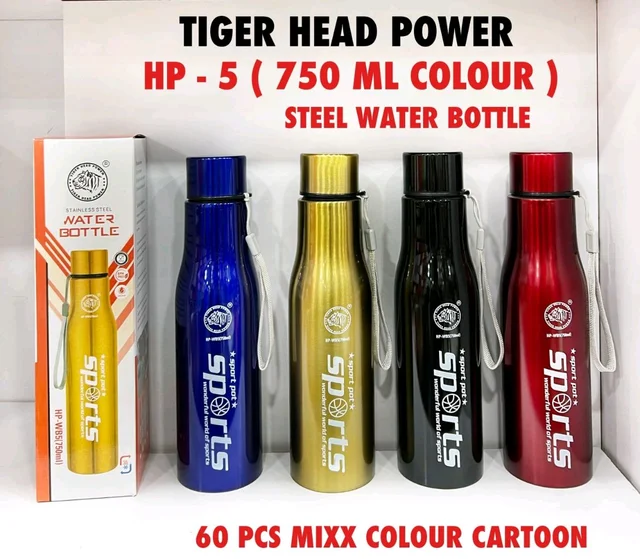 Tiger Head HP-5  750ml Steel Water Bottle H | Sports Design | Leakproof | Multi Colour Pack