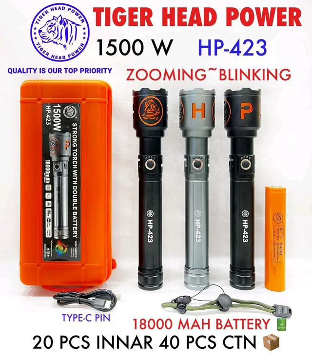 Tiger Head Power HP-423 Zooming ! Blinking ! 1500Wts ! 18000Mah Battery ! Type C Port Torch 
