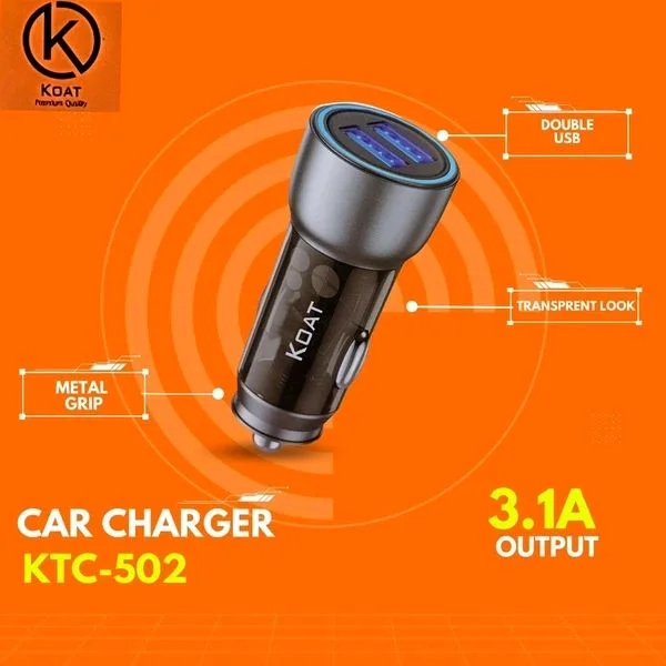 Koat Ktc-502 3.1A Duble, Usb Transparent Look, Metal Grip Car Charger