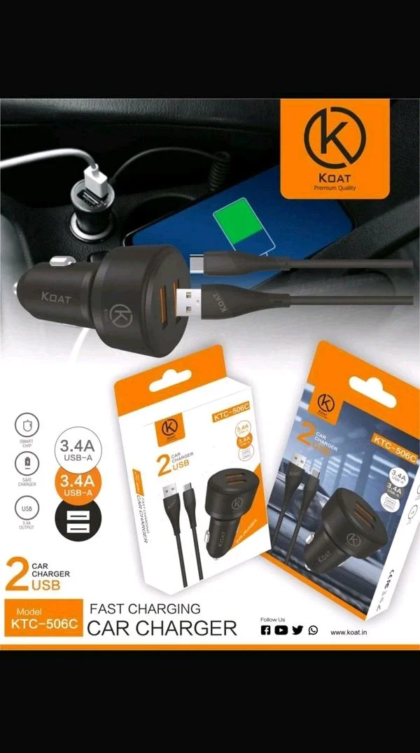 Koat Kt-506 Double Usb Type C Port 3.4Amp Output Car Charger 