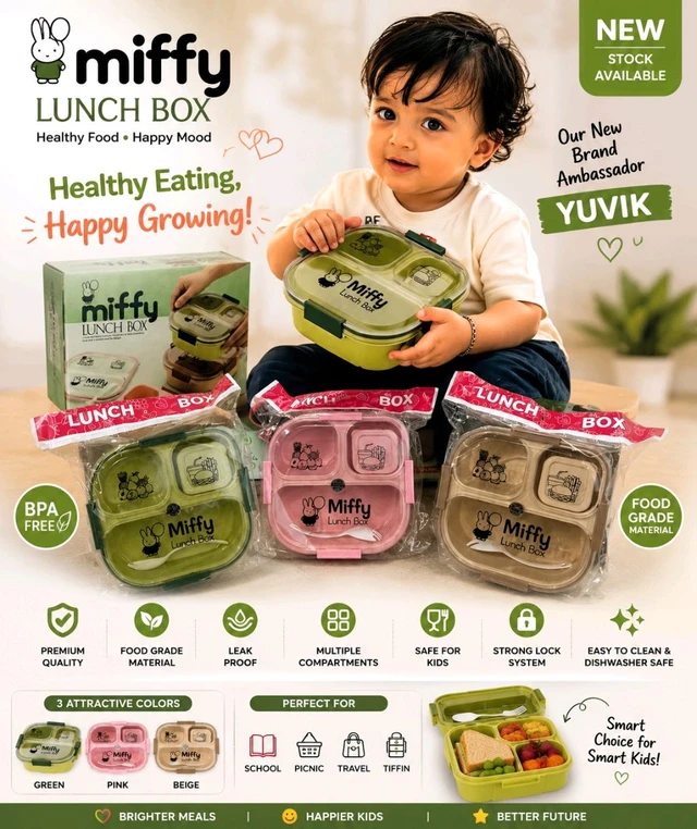 Miffy Kids Lunch Box 3 Compartment with Spoon & Fork | Leak Proof Tiffin Box for School | BPA Free Food Grade Lunch Box | 3 Colors