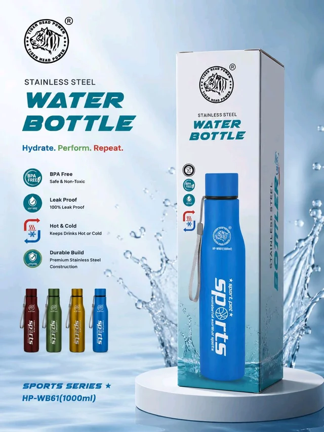 Tiger Head HP-6 1000ml Steel Water Bottle | Sports Series | Assorted Colours | 60 PCS Mix Carton Pack