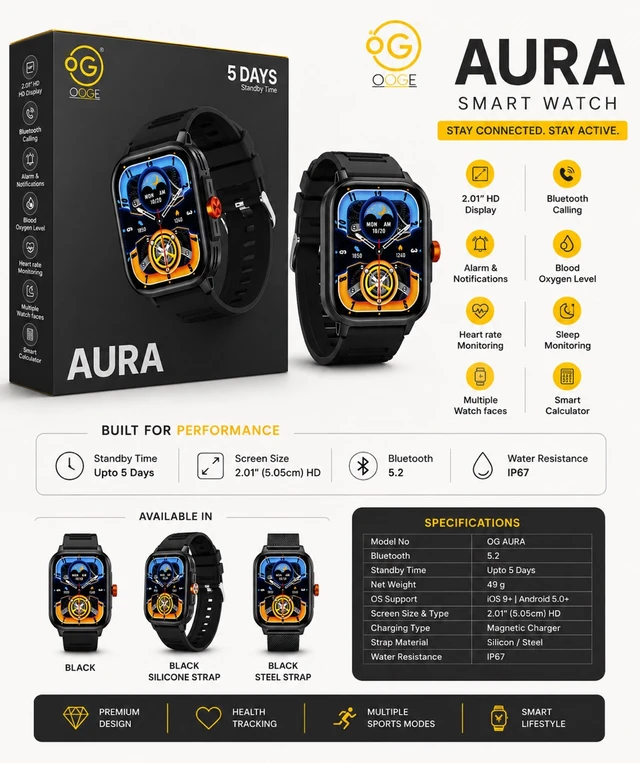 OOGE AURA Premium Smart Watch – Bluetooth Calling, Health Monitoring, 2.01” HD Display & Smart Calculator(One Year Warranty)