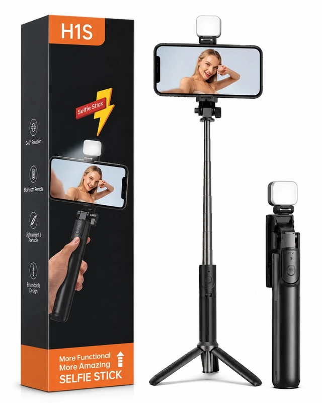 New H-1-S Selfie Stick With Remote Control & Led Light (Premium Quality 4 Different Colour)