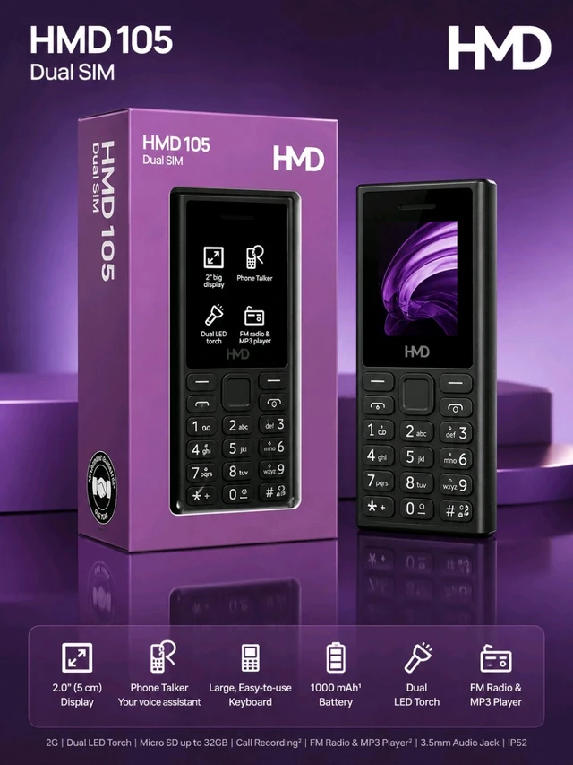 HMD 105 Keypad Mobile Phone | Dual SIM | 2.0" Display | MP3 Player | Call Recording ( Service Centre Warranty )