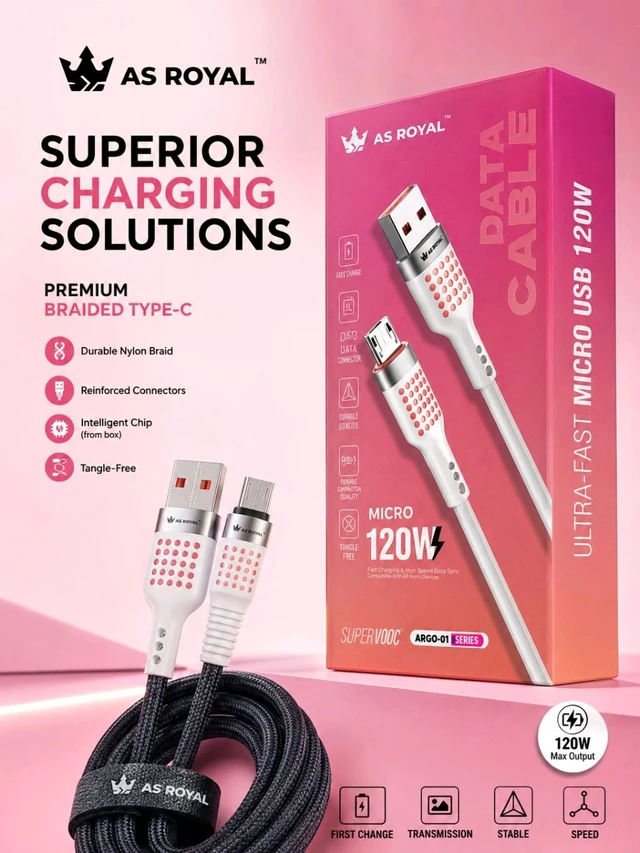 AS ROYAL Ar -01 120W Micro USB Fast Charging Data Cable | Premium Braided Nylon Cable | High-Speed Data Sync | 