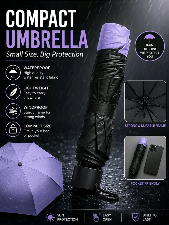 3 Fold Compact Umbrella | Windproof & Waterproof | UV Protection | Travel Pocket Umbrella 