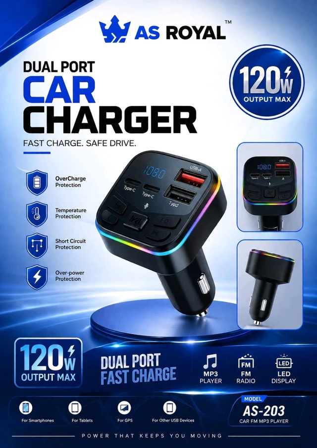 AS ROYAL As-2010 120W Car FM MP3 Player & Fast Charger | Dual Type-C + Dual USB | RGB LED