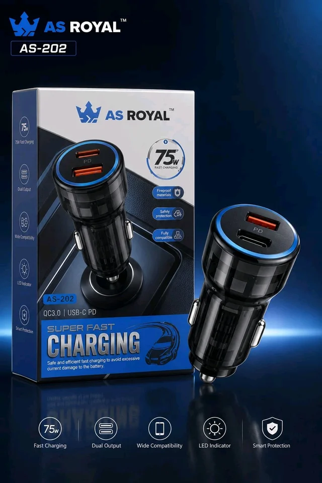 AS ROYAL AS-202 75W Car Charger | USB-A + USB-C PD Fast Charging | QC 3.0 | Super Fast Car Adapter