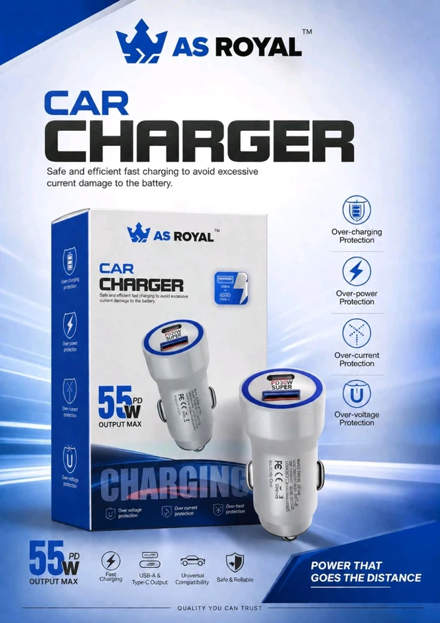 As Royal 55W PD Fast Car Charger | USB-A + Type-C Dual Port | Super Fast Charging