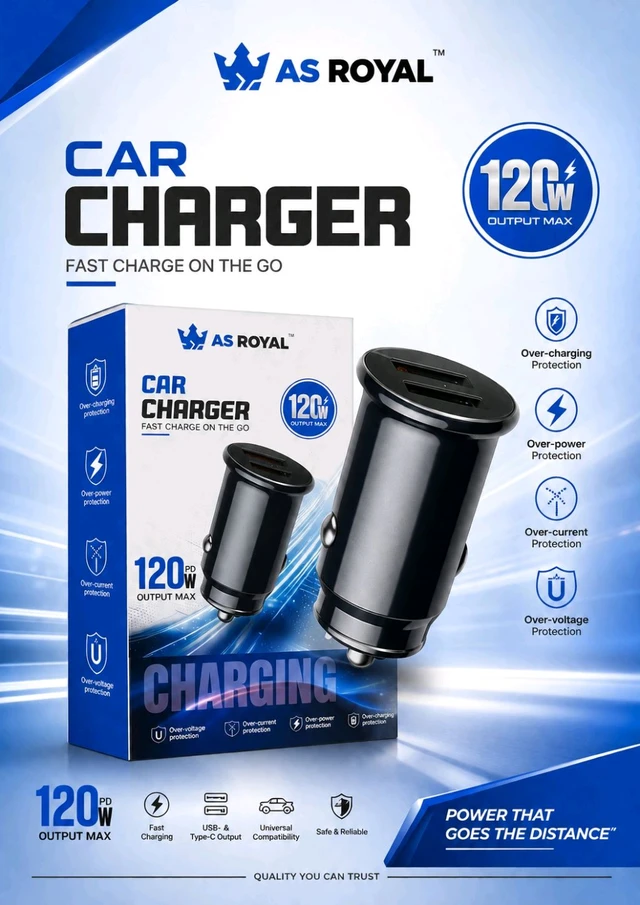 As Royal As-210 120W Fast Car Charger | Dual USB Output | Universal Car Charger 