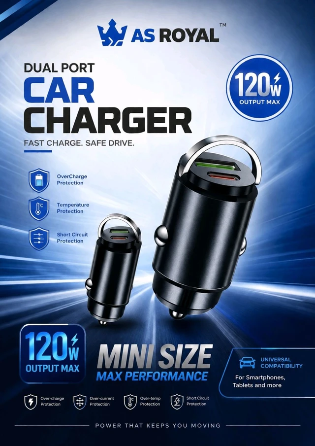 As Royal As-203 Dual Port 120W Mini Car Charger | USB + Type-C Fast Adopter | Universal 