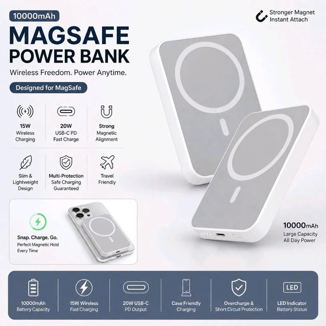 New 10000mAh MagSafe Magnetic Wireless Power Bank | 15W Fast Charging | 20W USB-C PD | Strong Magnetic Snap-On Battery Pack