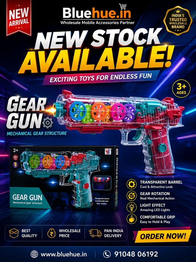 Gear Gun Toy with LED Light & Rotating Gears | Transparent Body | Battery Operated | Kids Toy | Wholesale