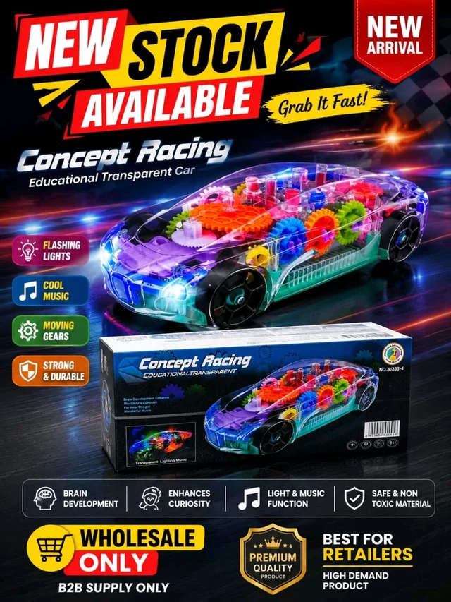 New Transparent Gear Racing Car with LED Lights & Music | Battery Operated Bump & Go Educational Toy | Model 333-4