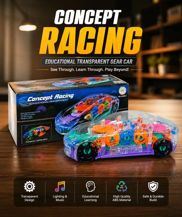 New Transparent Gear Racing Car with LED Lights & Music | Battery Operated Bump & Go Educational Toy | Model 333-4