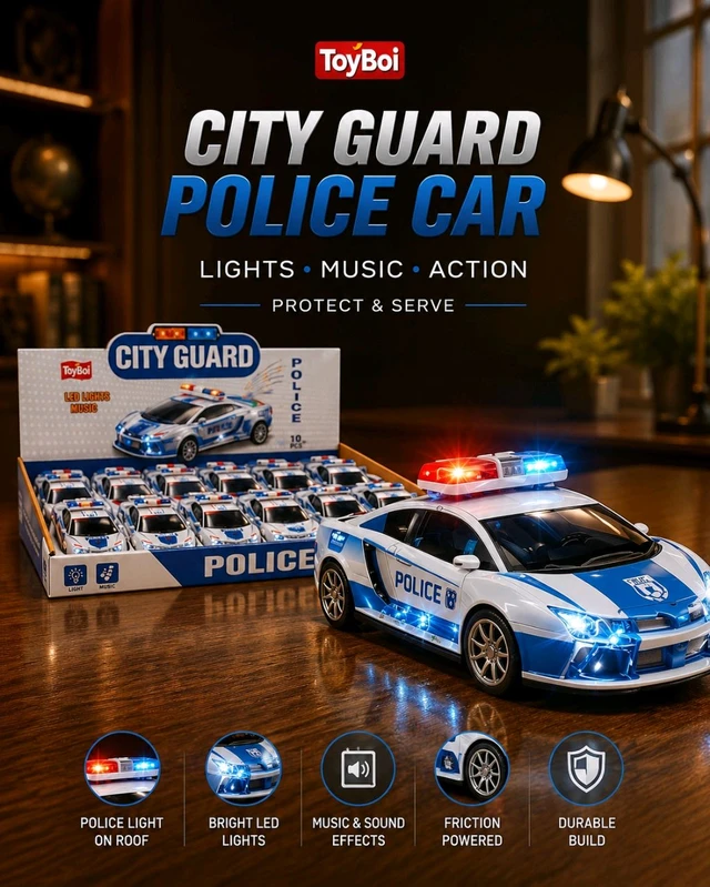 ToyBoi (1002)  City Guard Police Car with LED Lights & Music | Friction Powered Toy Car for Kids