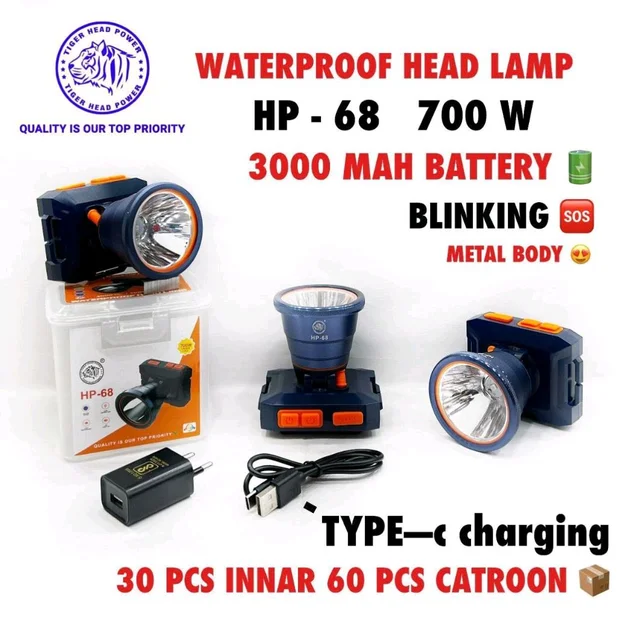 Tiger Head Power HP-68 3000mAh Rechargeable Head Torch with Type-C Charging