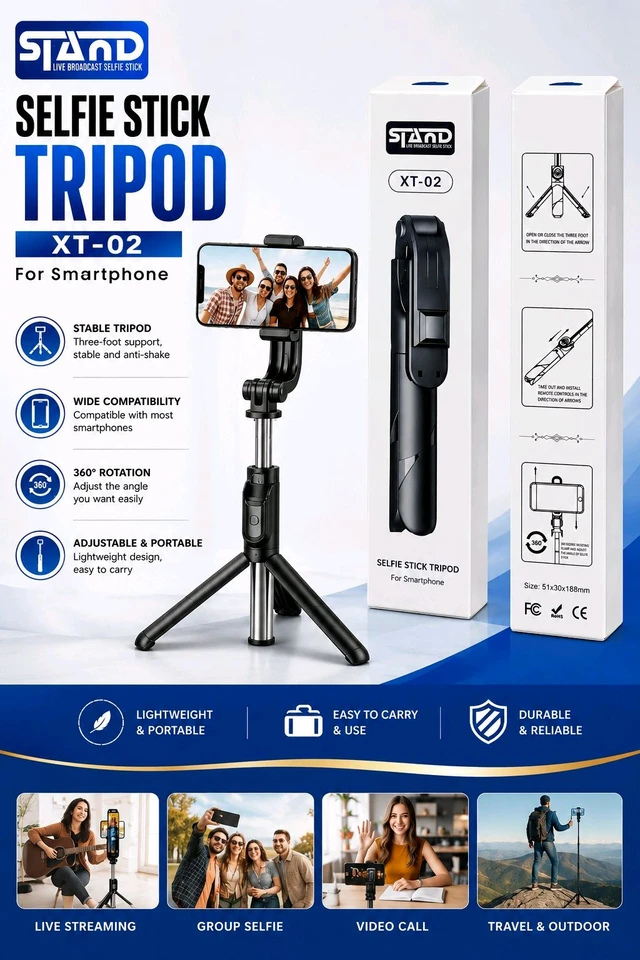 New STAND XT-02 Mobile Selfie Stick Tripod | 360° Adjustable | Portable