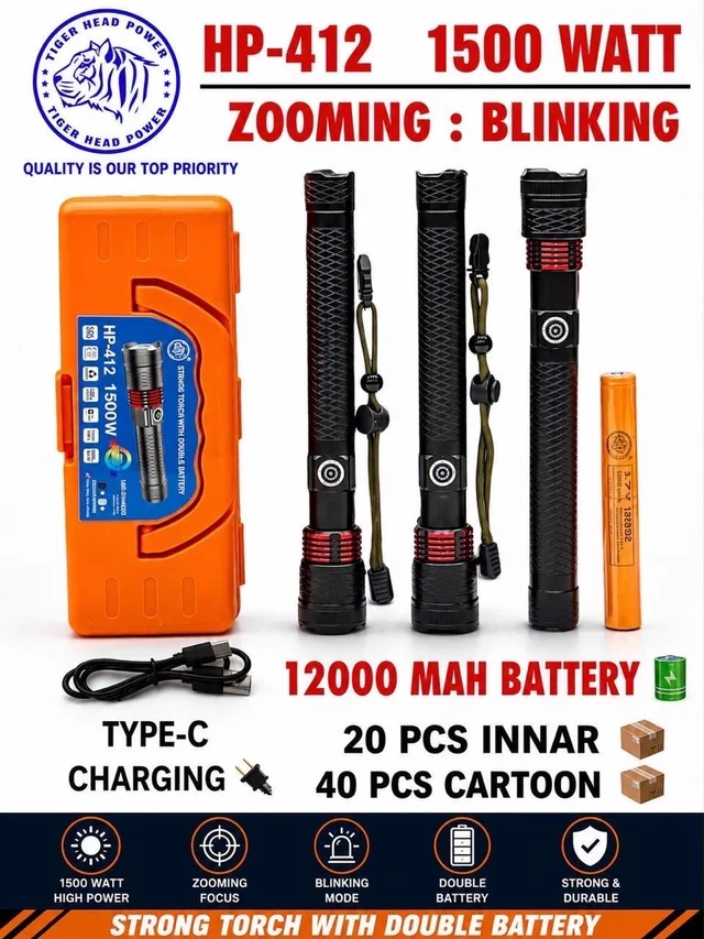 Tiger Head HP-412 New 1500Wts Zooming|Blinking | Type C Port | 12000MAh Battery
