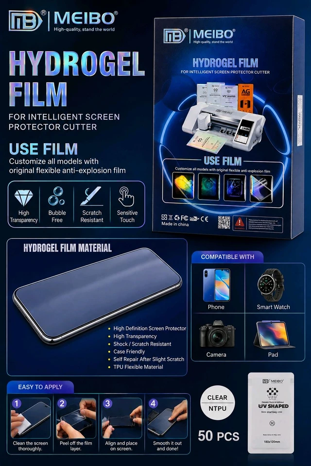 MEIBO Hydrogel Film Material – (Clear NTPU 50 Pcs) | Screen Protector Film for Mobile, Smartwatch, Camera & Tablet 