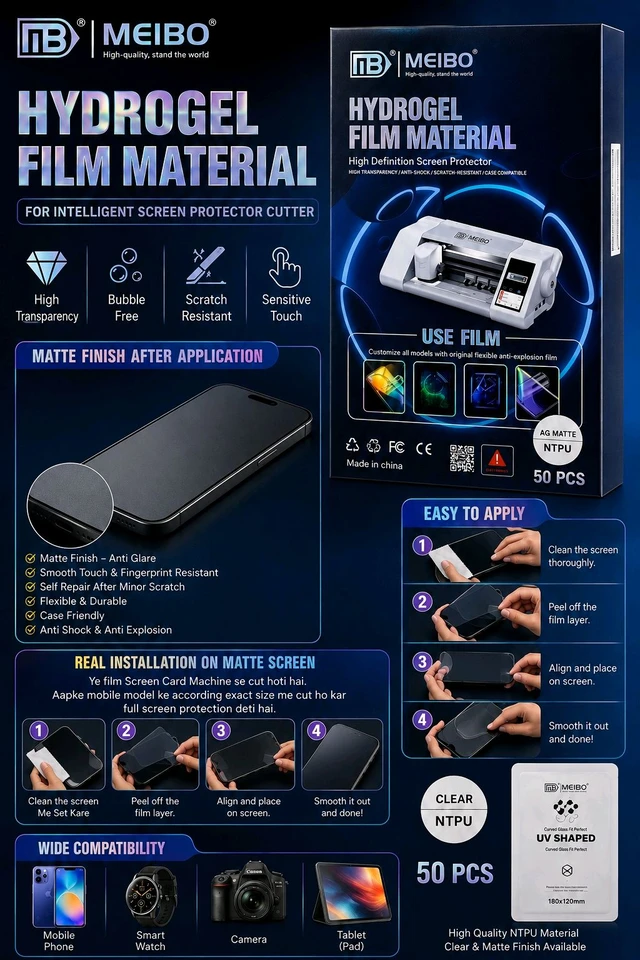 MEIBO Hydrogel Film Material – (Matte Screen Protector 50 Pcs) | Screen Protector Film for Mobile, Smartwatch, Camera & Tablet 